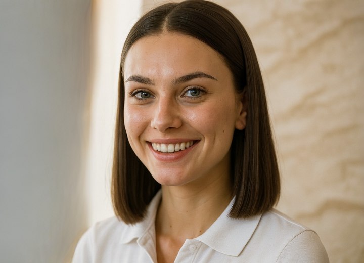 Ragazza con un caschetto preppy su capelli di media lunghezza