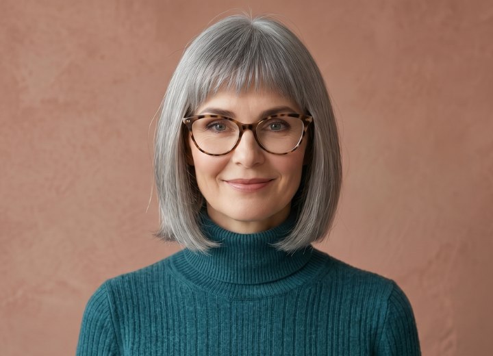 Taglio caschetto per donna matura con capelli grigi