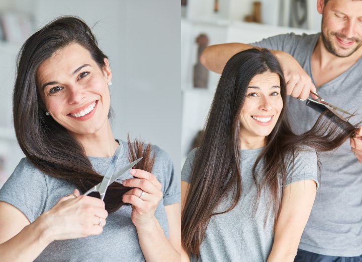Una donna che si taglia le doppie punte da sola e un uomo che taglia i capelli a sua moglie